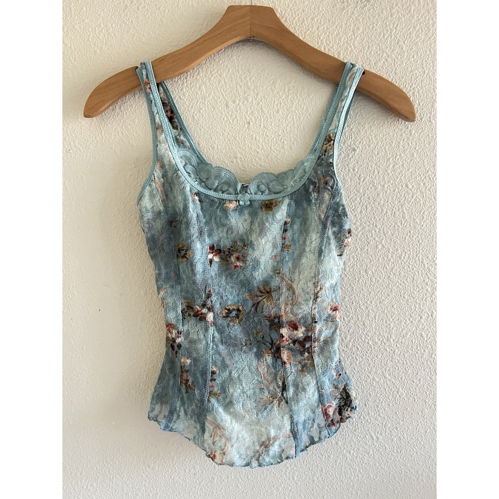 Arianne Y2K Romantic Mesh Lace Floral Top Teal Pastel Sz.M Fairy Victorian Boho